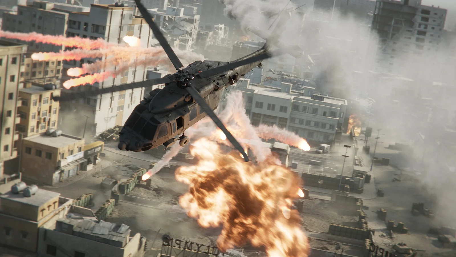 A Black Hawk helicopter taking fire over Mogadishu in Delta Force's campaign