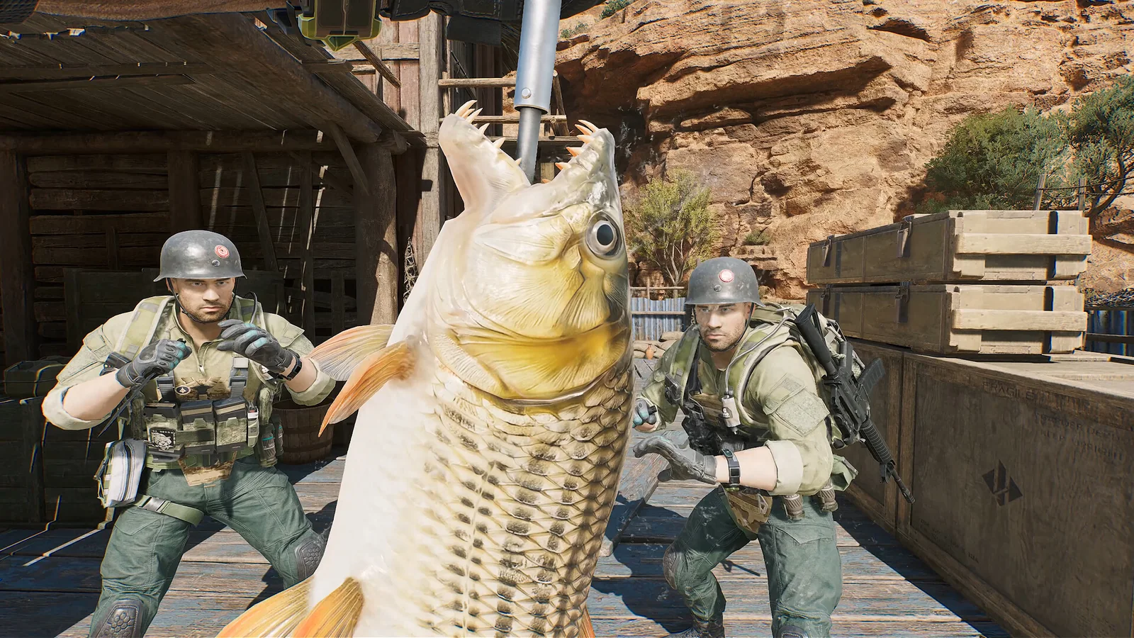 Two Delta Force operators holding up an enormous fish