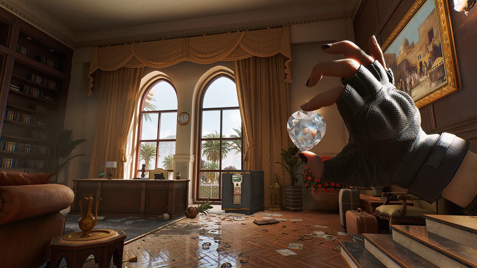 A Delta Force operator picking up a valuable item inside an abandoned mansion