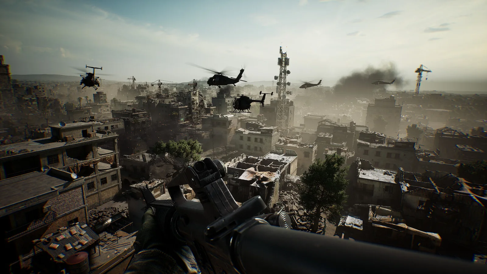 Helicopters over a destroyed city skyline in Delta Force