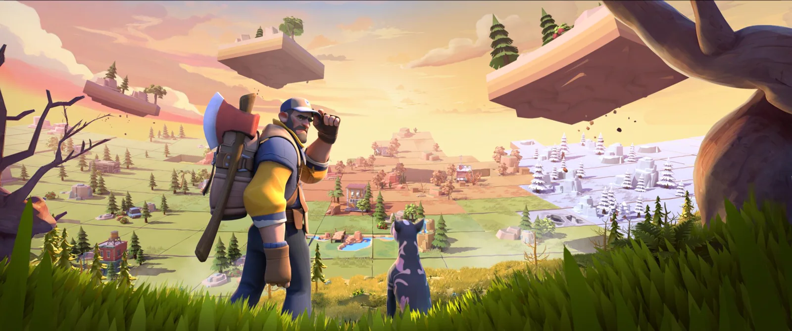 Tiles & Survive key art showing a survivor and his dog overlooking a tiled world at sunset