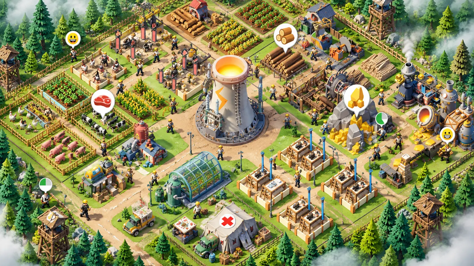 Une base développée dans Tiles & Survive : fermes, scierie, mine et centrale au centre