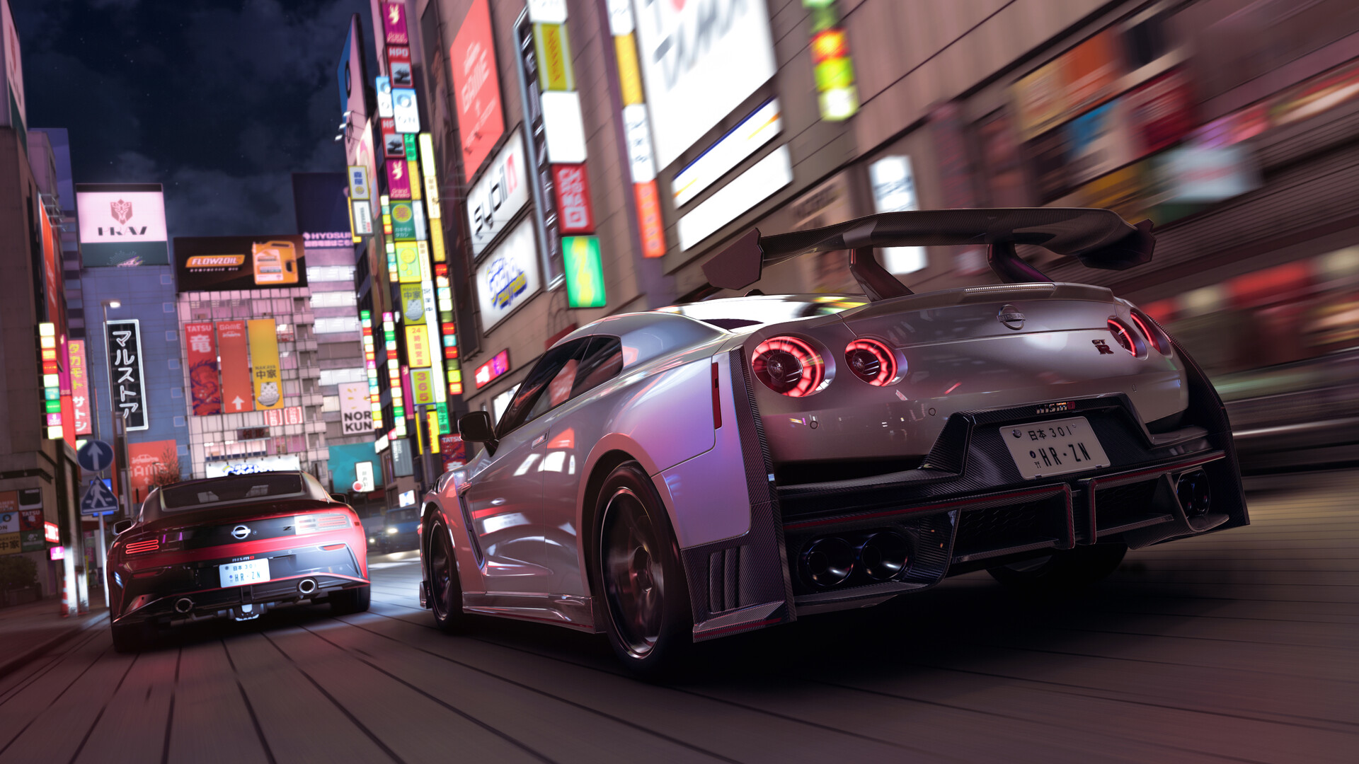 Two sports cars racing at night through a neon-lit Japanese street in Forza Horizon 6
