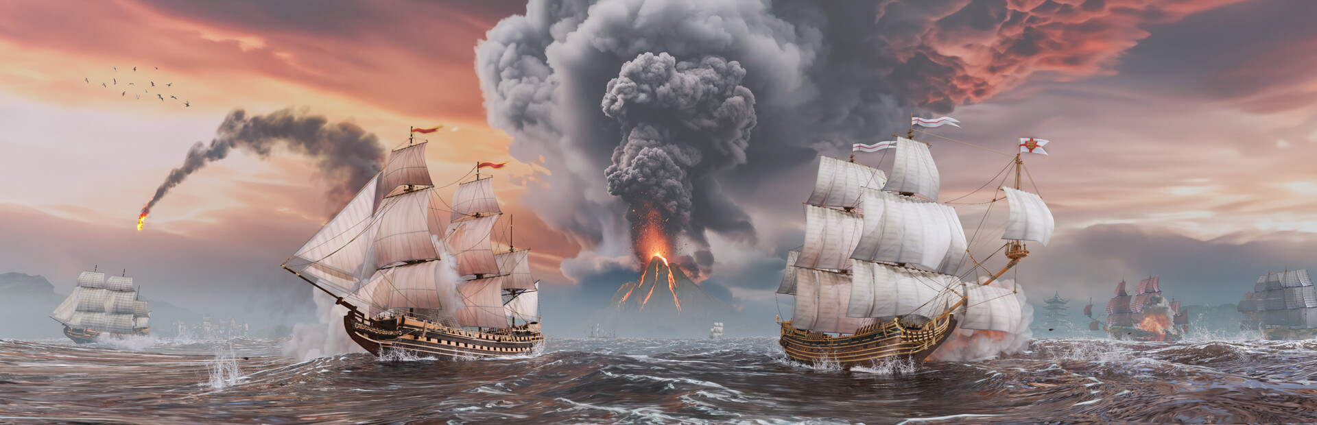World of Sea Battle wide key artwork showing sailing ships in combat