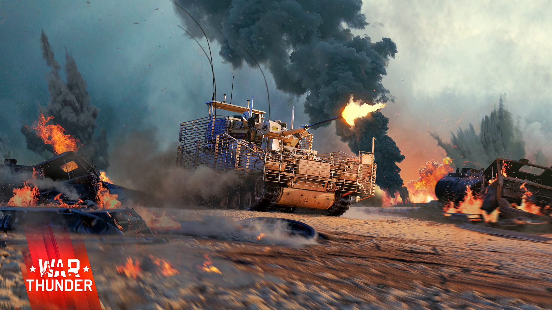 War Thunder ground vehicle firing while advancing through a burning convoy