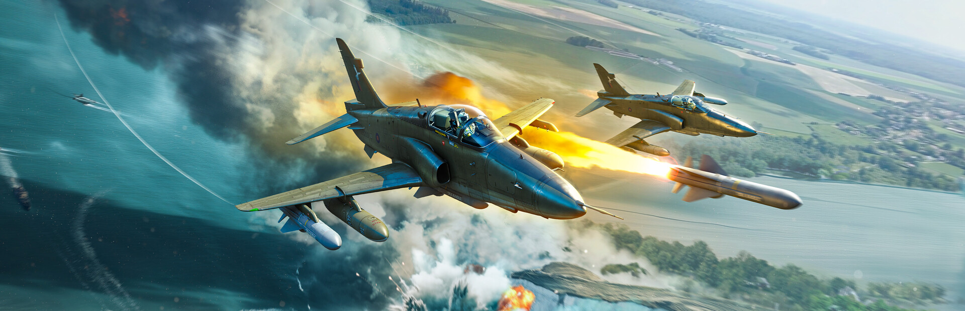 War Thunder wide key artwork showing combat aircraft over a battlefield